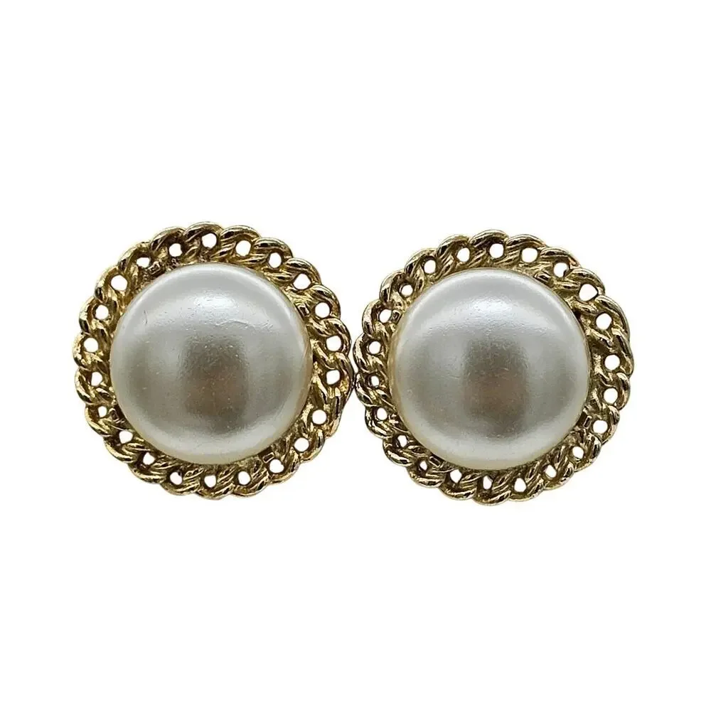 Vintage Coro Button Clip On Earrings Faux Pearl Gold Tone Filigree